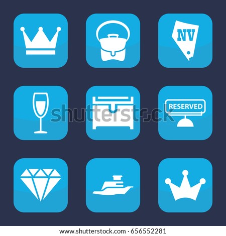 Luxury icon. set of 9 filled luxury icons such as crown, vegas, chest, bag, wine glass, ship, reserved, crown