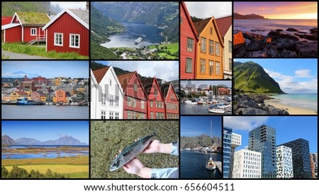 Norway photo collage - travel collection with fiords, Oslo, Bergen, Kristiansund and Lofoten islands.