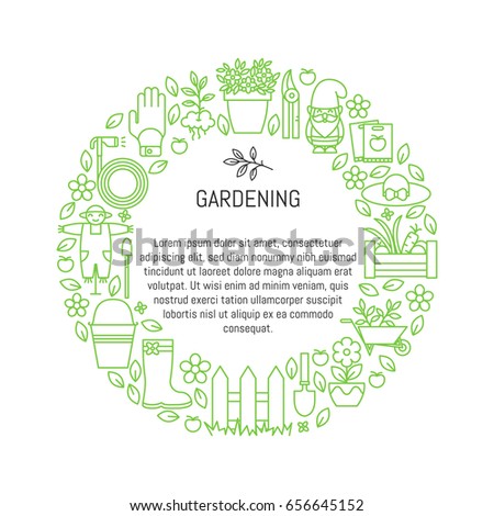 Vector poster with gardening, planting symbols in trendy linear style. Garden equipment poster, editable strokes