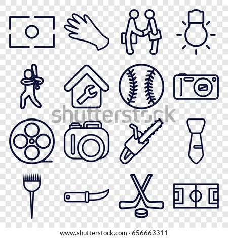 Professional icons set. set of 16 professional outline icons such as barber brush, gloves, tie, gardening knife, chain saw, movie tape, businessman shaking hands, camera