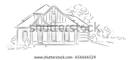 Vector Linear architectural sketch modern detached house 