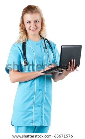 Beautiful young doctor with laptop and stethoscope isolated on white background
