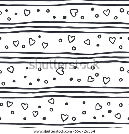 Abstract seamless pattern of hearts, points, circles and lines on white background. Image for a poster or cover. Figure for textiles.