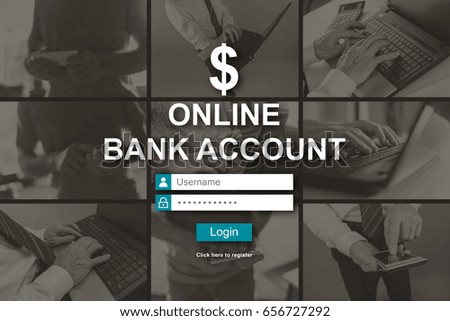 Online bank account concept illustrated by pictures on background