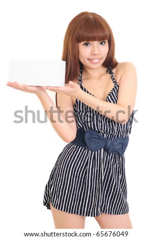Beautiful woman person with blank business card in