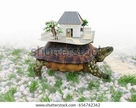 Turtle with toy house from paper real estate business concept photo