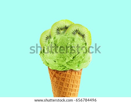 Ice cream cone of kiwi flavor, with copy space to add text, good to use as flayer or poster Royalty-Free Stock Photo #656784496