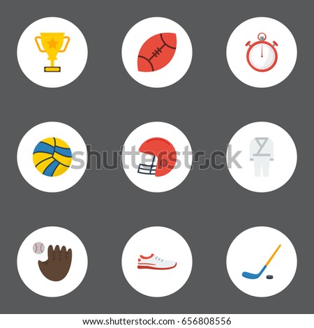 Flat Icons Trophy, Volleyball, Rugby And Other Vector Elements. Set Of Sport Flat Icons Symbols Also Includes Hockey, Stick, Kimono Objects.