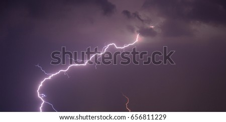 Closeup lightning in the night with clouds storm.