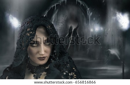 Chasing a woman photo. A beautiful woman in head shawl running away from a scary ghost in a cave photo.