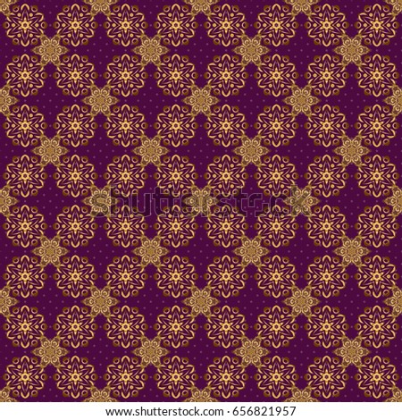 Seamless pattern oriental ornament. Islamic vector design. Gold tiles with floral motif. Purple and golden vintage textile print.