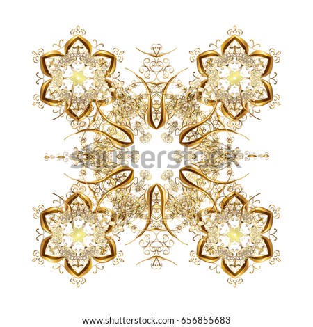 Winter on a white Background with Abstract Gold snowflakes and dots. Can be used for textile, parer, scrapbooking, wrapping, web and print design.