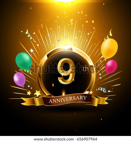 9 years golden anniversary logo celebration with ring, ribbon, firework, and balloon