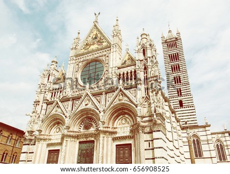 Siena cathedral is a medieval church in Siena, Italy, dedicated from its earliest days as a Roman Catholic Marian church. Yellow photo filter.