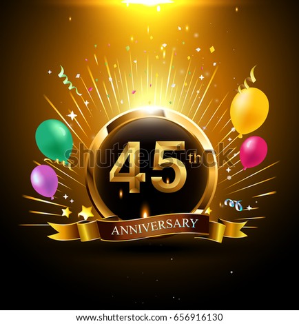 45 years golden anniversary logo celebration with ring, ribbon, firework, and balloon