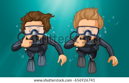 Two divers making hand gesture underwater illustration