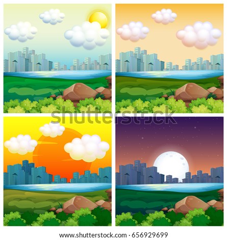 Scenes with buildings in city  illustration