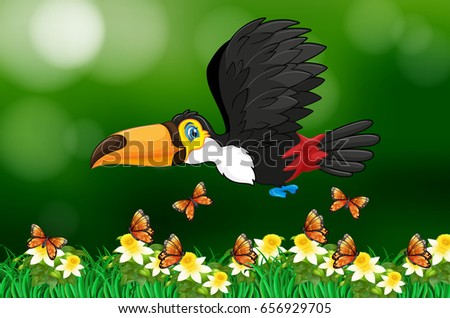 Toucan bird flying in garden illustration