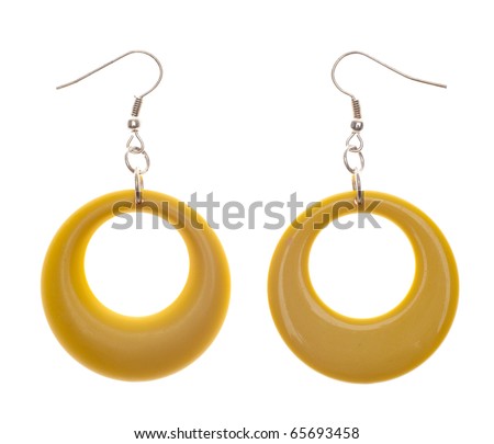 Retro Modern Yellow Plastic Earrings.  Isolated on White with a Clipping Path. Royalty-Free Stock Photo #65693458