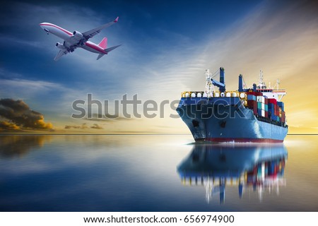 ship and airplane with container import export container to custom.