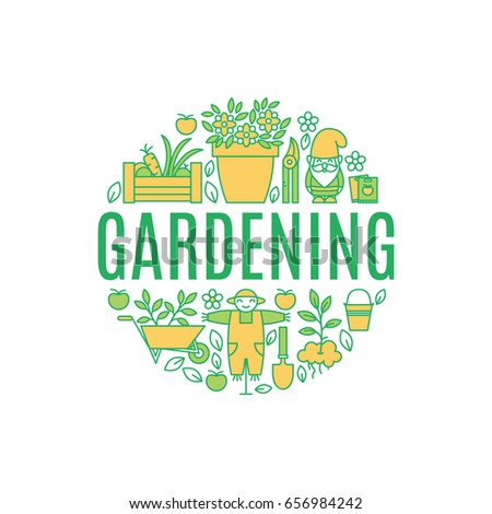 Vector poster with gardening, planting symbols in trendy linear style. Garden equipment poster, editable strokes, made in a shape of circle