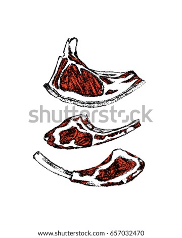 Vector illustration of hand drawn raw meat chops. Hand drawn food illustration. Beautiful design elements, charcoal drawing