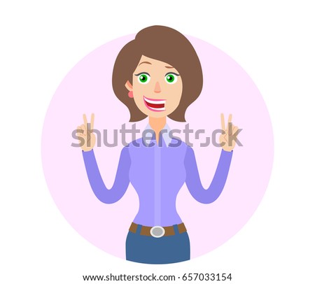Businesswoman showing victory hand sign or quotes hand sign. Portrait of Cartoon Businesswoman Character. Vector illustration in a flat style.