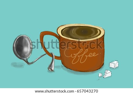 Illustration with Cup of coffee with spoon isolated on blue background, 