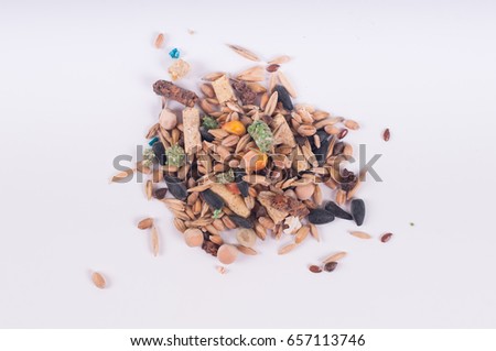 Rodent dry food poured in a pile on white background