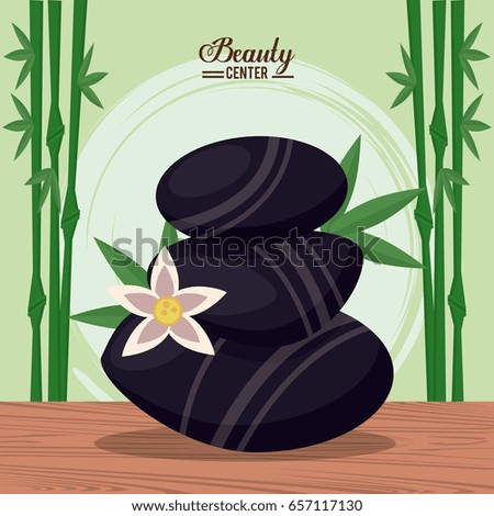 color poster of beauty center with bamboo plant background and set of volcanic stones