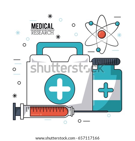 color poster medical research with first aid kit syringe and pills bottle