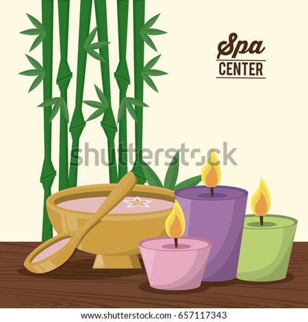color poster of spa center with bamboo plant and set of candles and bowl