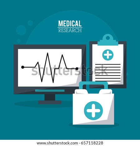 color poster medical research with pulse monitor and medical clipboard and first aid kit