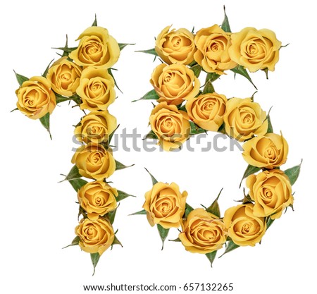Arabic numeral 15, fifteen, from yellow flowers of rose, isolated on white background