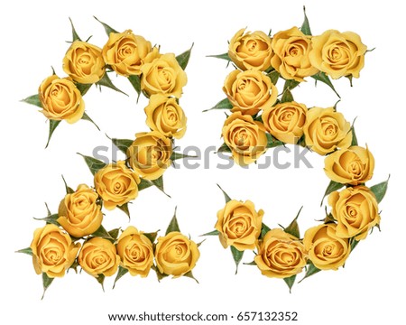 Arabic numeral 25, twenty five, from yellow flowers of rose, isolated on white background
