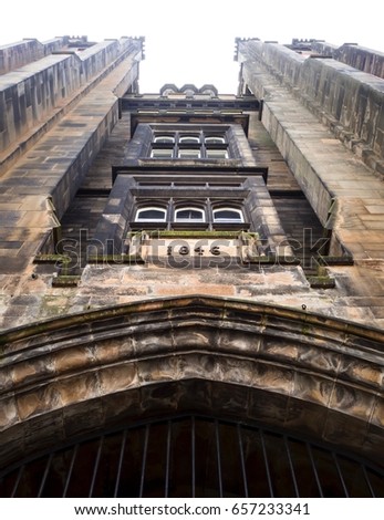 Part Of Historical Building On White Sky Background In Edinburgh , Scotland , UK