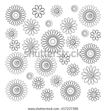 Vector Set of Simple Decorative Flowers. Monochrome Doodle Style Ornament