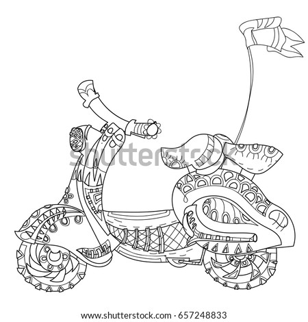 Motor scooter doodle in nice sixties style.Hand drawn doodle.Vector zen art illustration.Floral ornament.Sketch for tattoo or adult coloring pages.Boho style.
