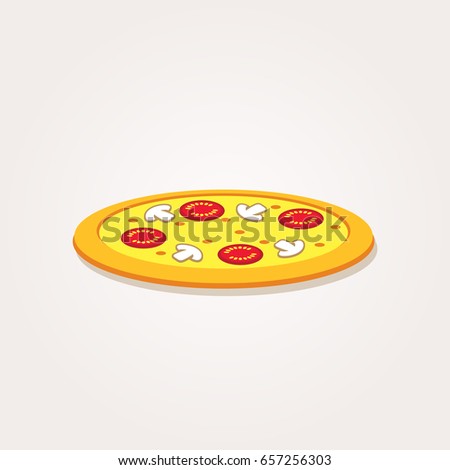 Appetizing hot pizza cartoon picture. Italian pizza with cheese, tomatoes and mushrooms symbol. Pizzeria logo. Pizza flat icon isolated on white background. Vector illustration.