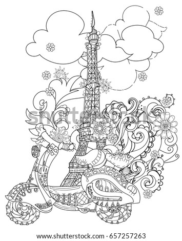 Motor scooter doodle in nice sixties Paris style.Hand drawn doodle.Vector zen art illustration.Floral ornament.Sketch for tattoo or adult coloring pages.Boho style.