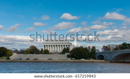 Exterior view of the Lincoln Memorial Monument seen from the Potomac River, Washington D.C.