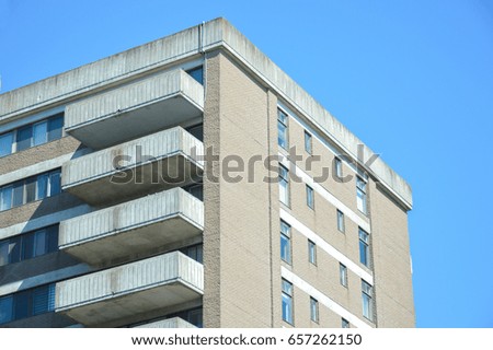 Residential building with balconies in Montreal downtown Canada.