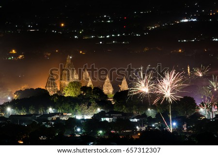 Prambanan temple between fireworks