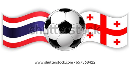 Thai and Georgian wavy flags with football ball. Thailand combined with Georgia isolated on white. Football match or international sport competition concept.