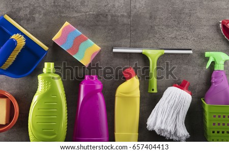 Cleaning products. Home cleaning concept. Top view. Place for typography and logo.
