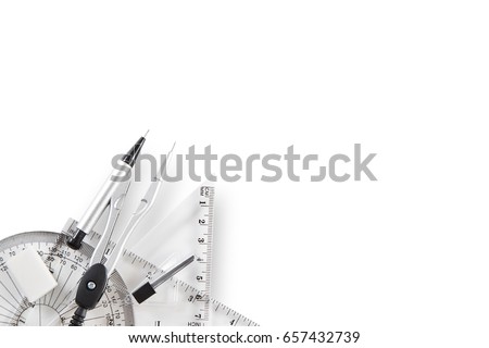 Geometry set with compass, ruler and protractor  on white background,