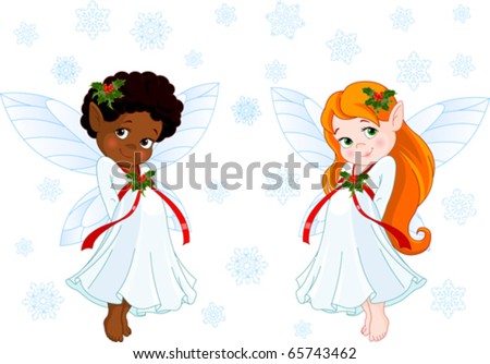 Cute Christmas fairies flying in the snowing sky