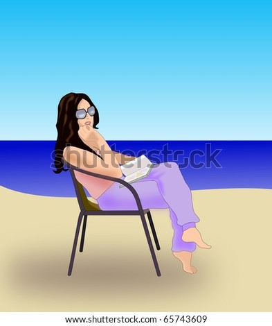 Young girl sitting in a chair on the beach.