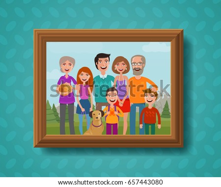 Family photo on wall in wooden frame. Cartoon vector illustration