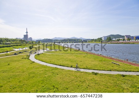 The bicycle lane at river park in Daejeon city, South Korea